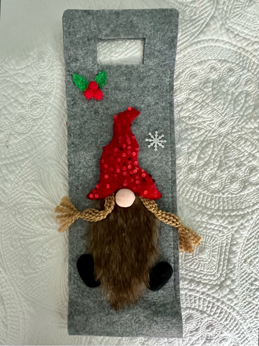 Festive Gnome Door Hanger - Red Hat, Gray Felt Wineholder